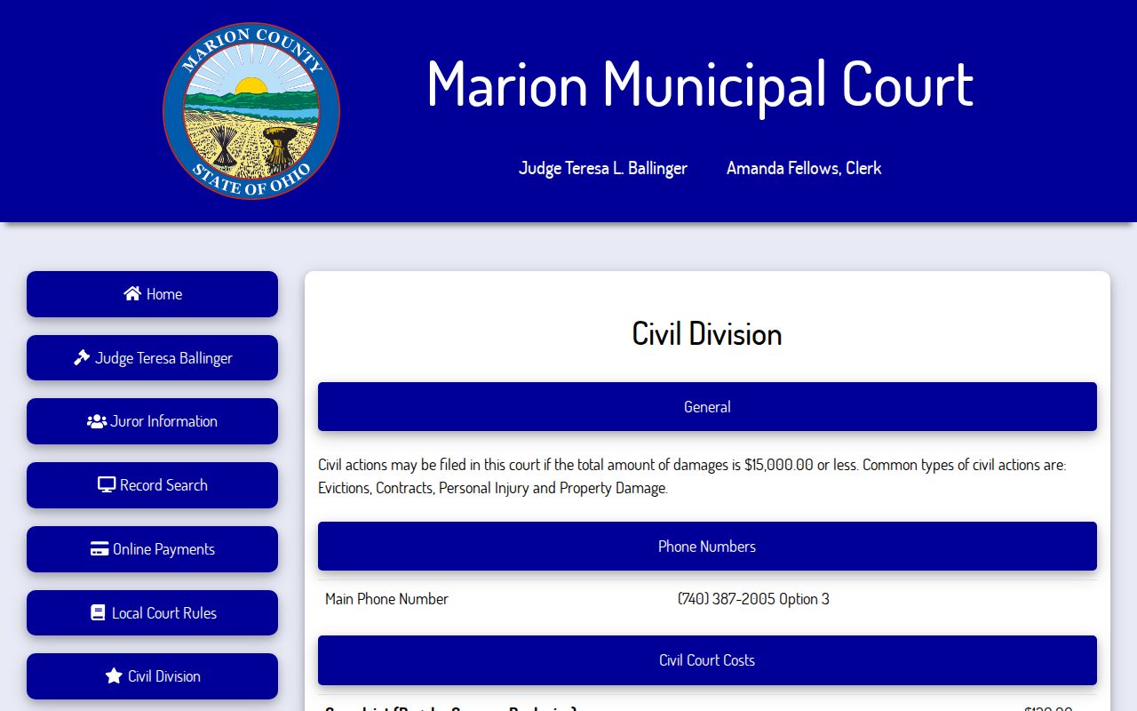 Marion County civil docket Municipal Court civil filing and copy fees