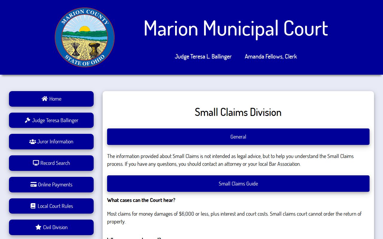 Marion County civil docket Municipal Court small claims procedure