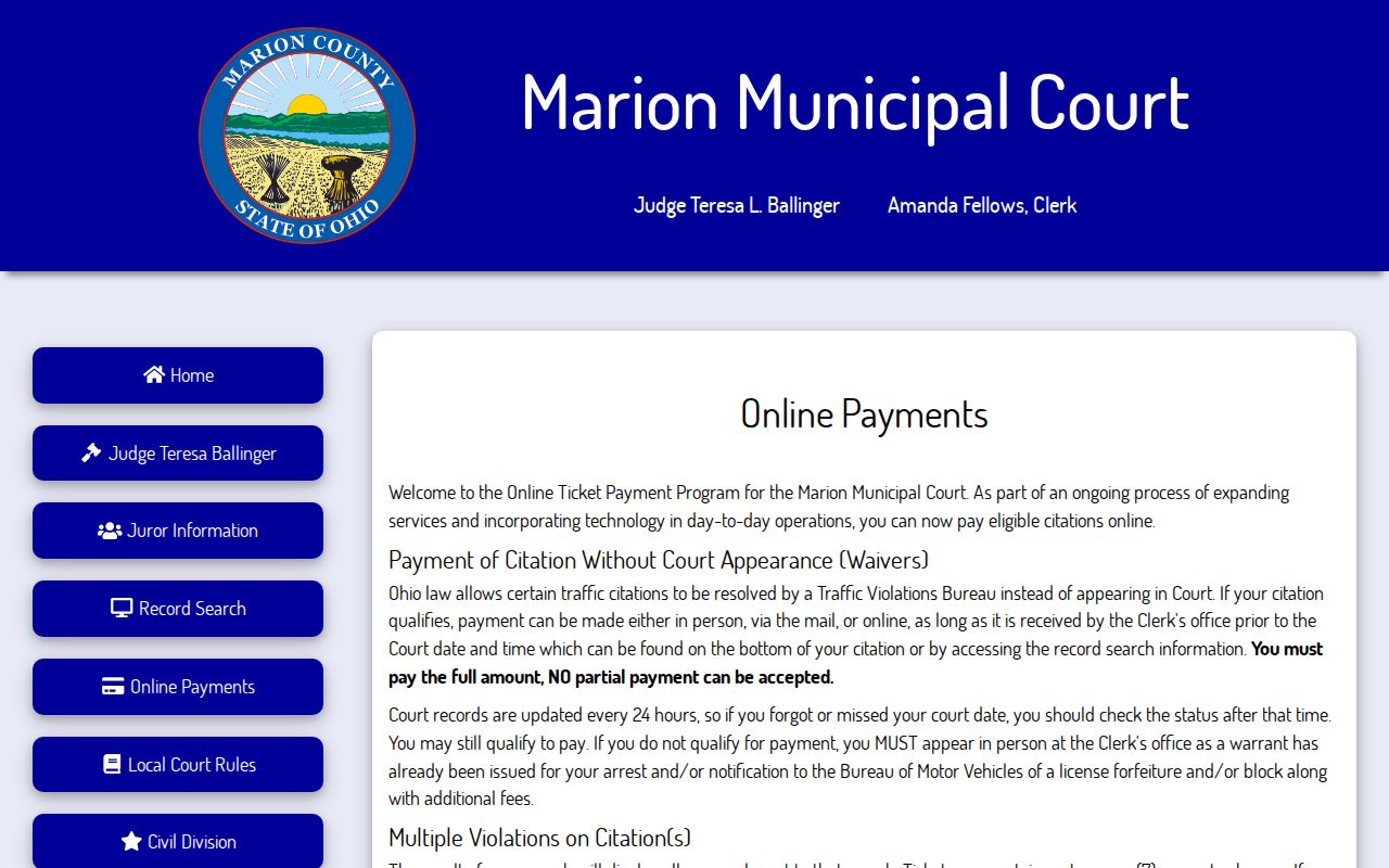 Marion County court calendar traffic citation payment and court date notice