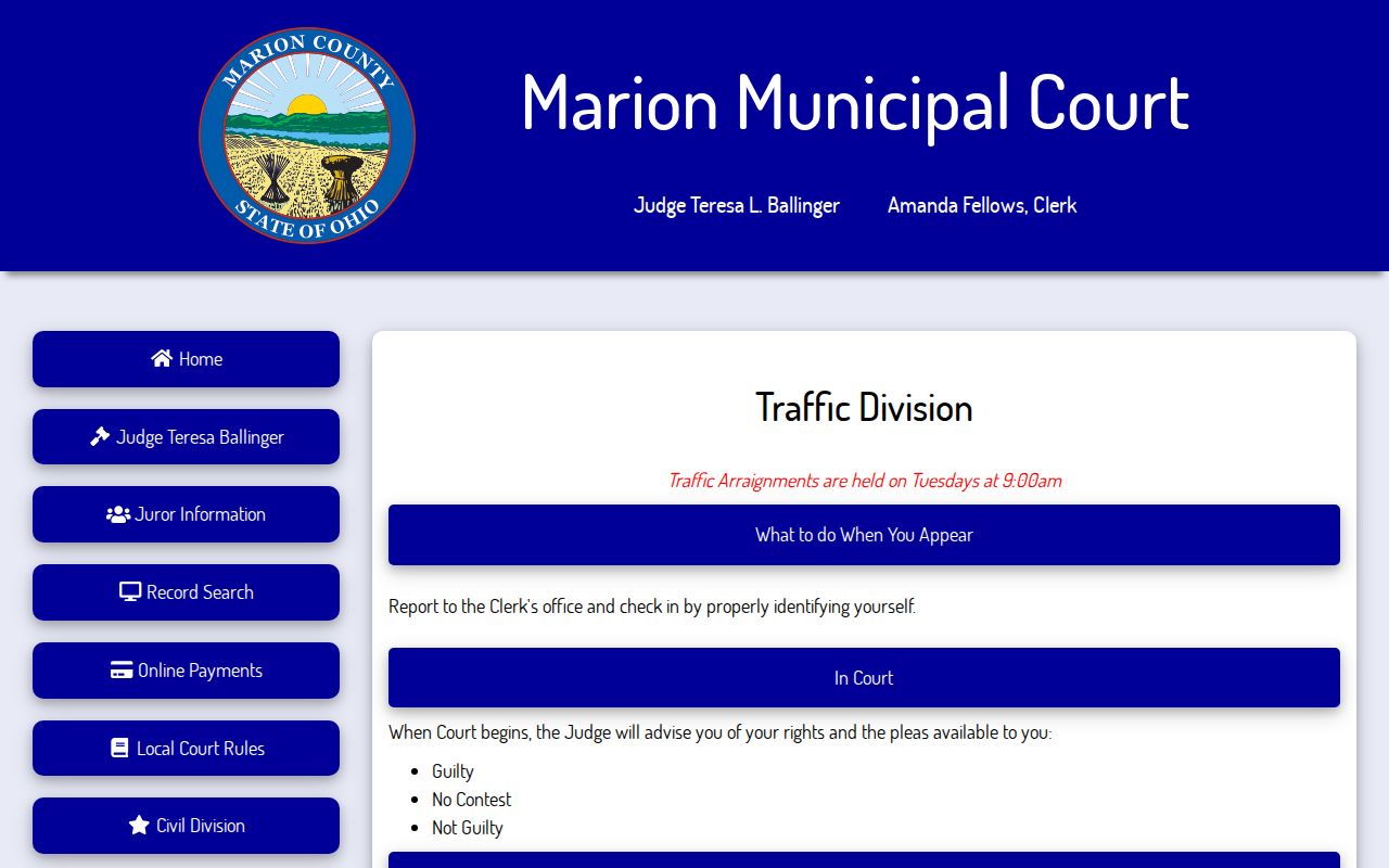 Marion County court calendar municipal traffic Tuesday arraignments