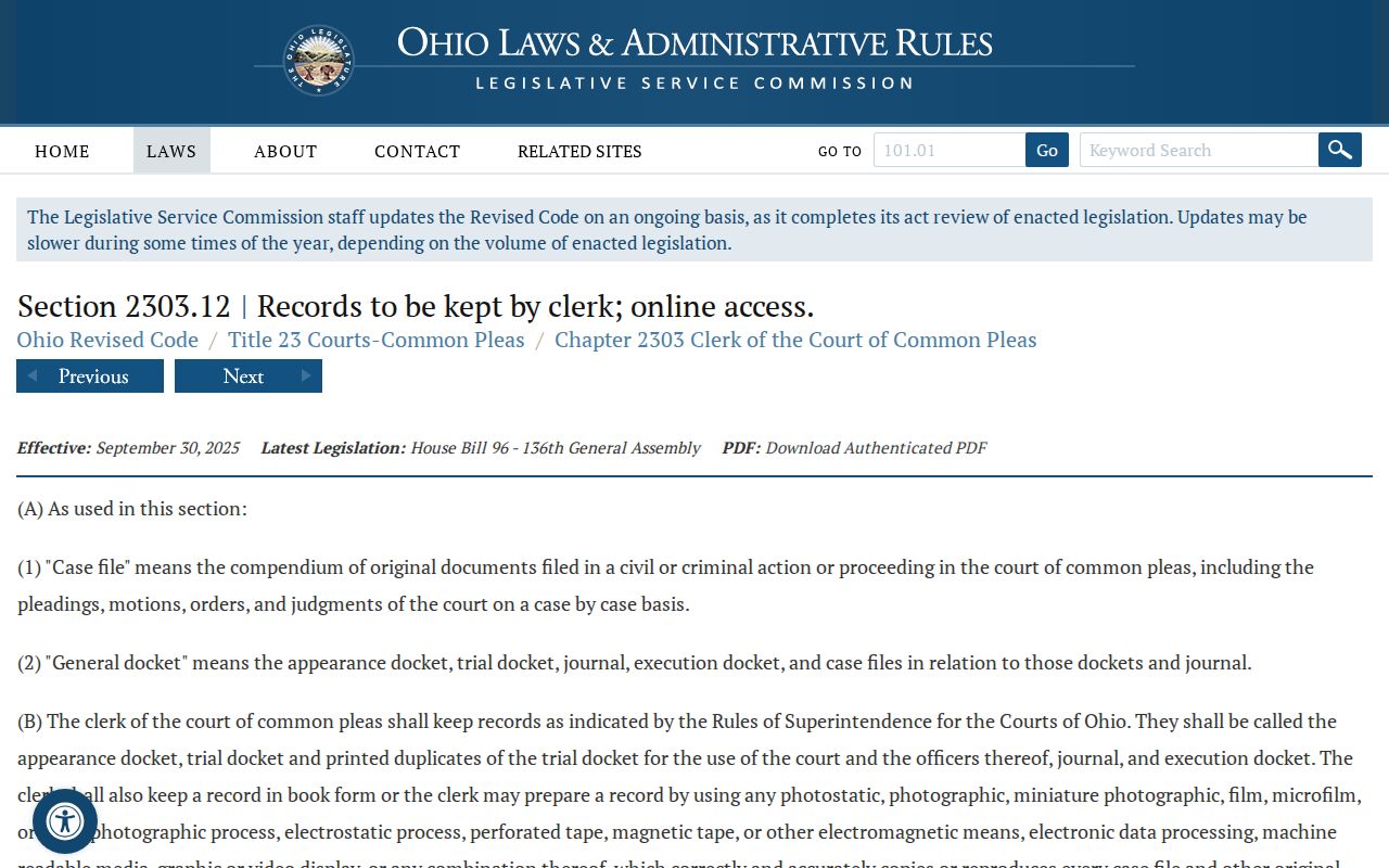 Marion County court calendar record access under Ohio docket law