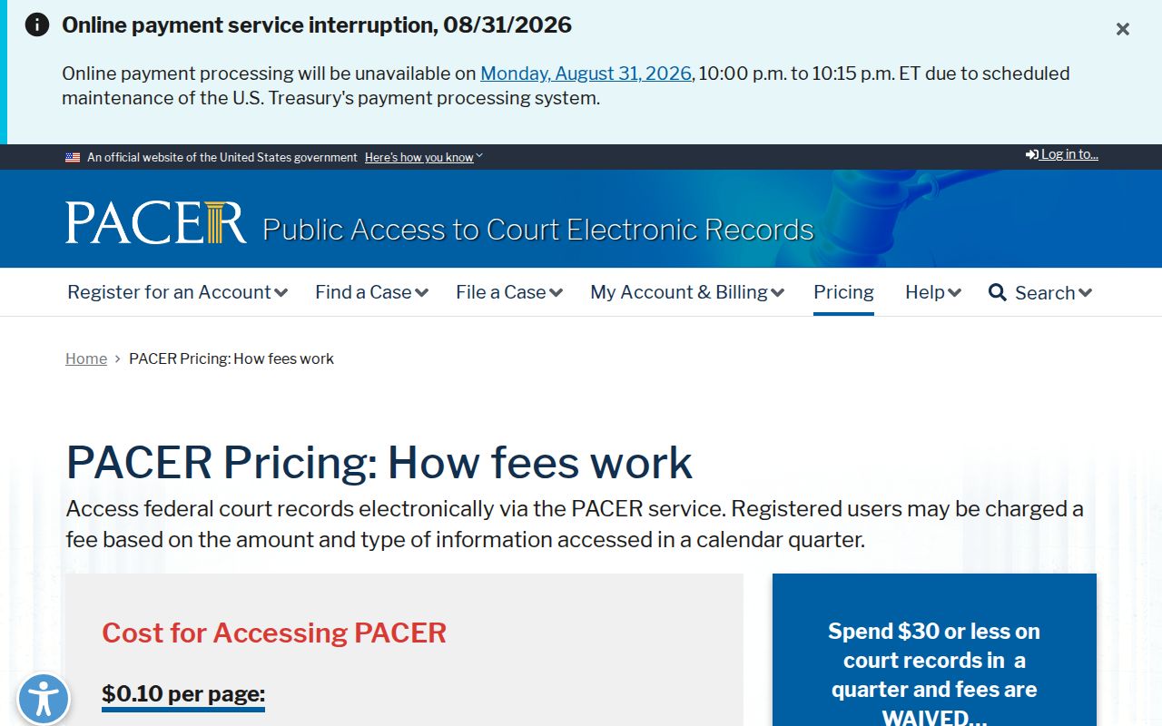 Marion County court docket PACER federal records pricing information